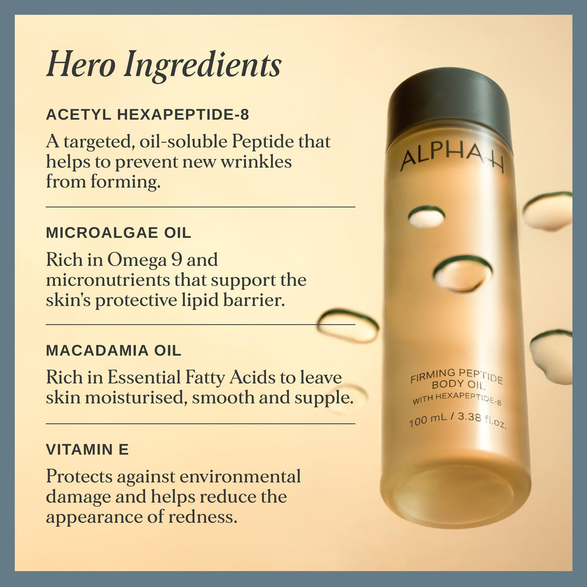 Alpha-H texture drop on skin demonstrating quick-dry oil and smooth finish