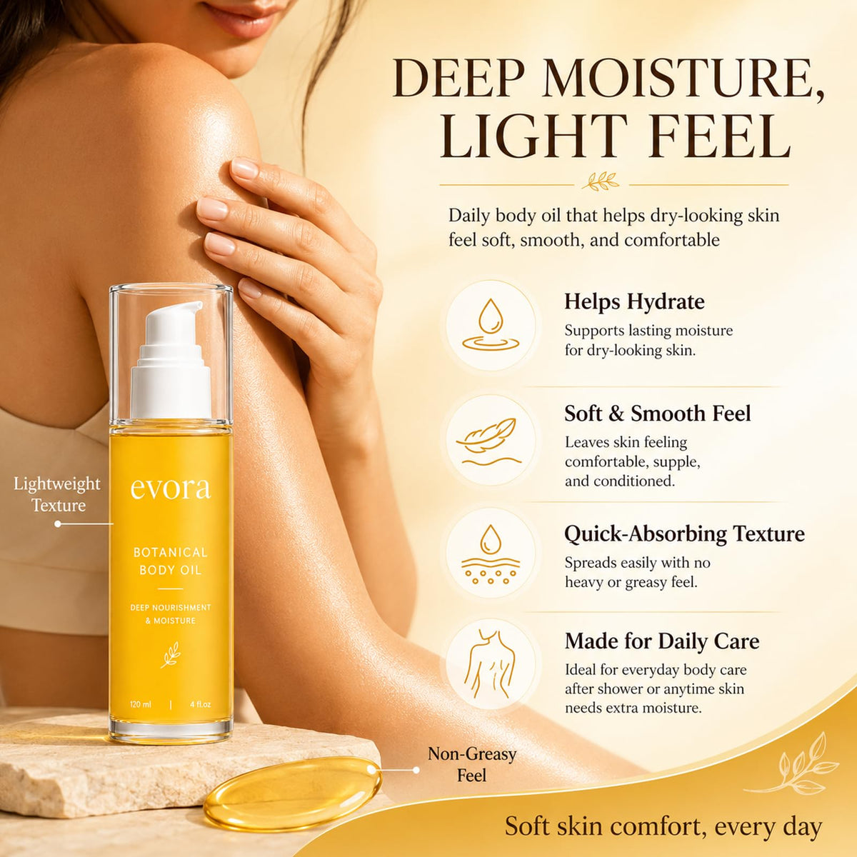 ALPHABRONZE Evora oil texture drop demonstrating lightweight, fast-absorbing feel