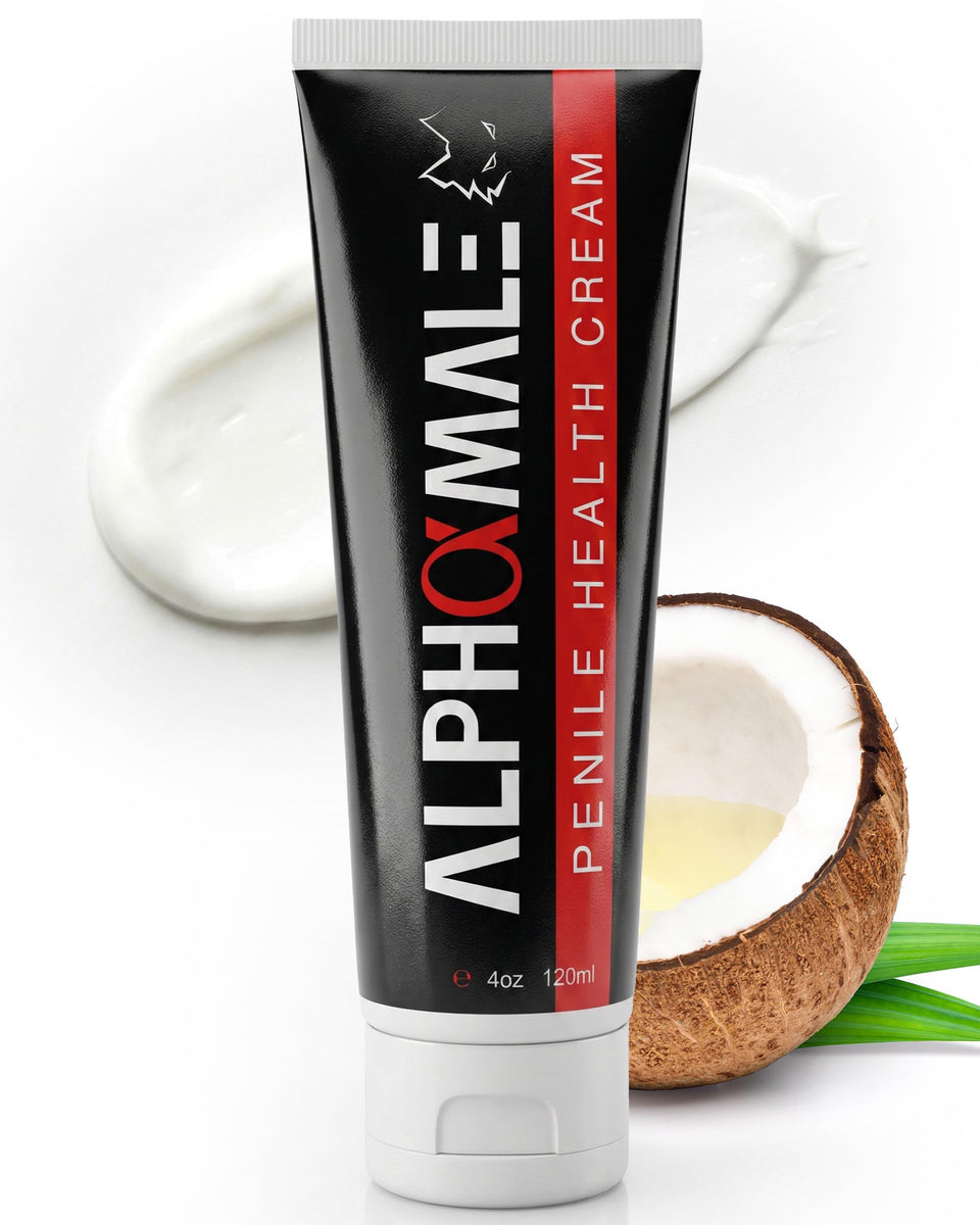 AlphaMale front packaging showing 4oz tube and clear benefits