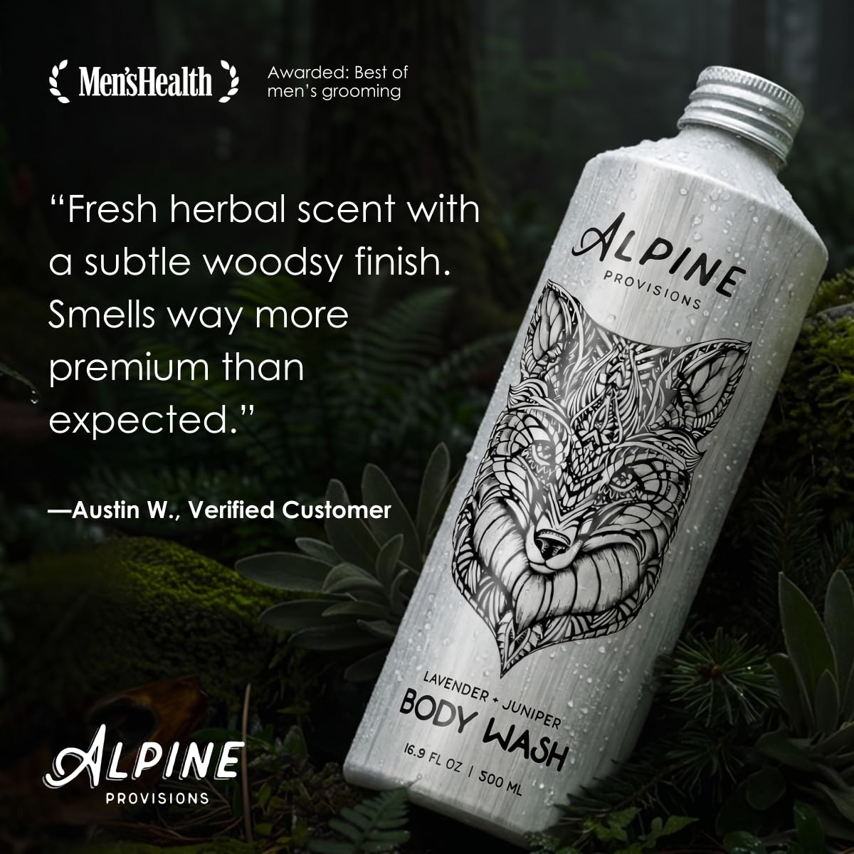 Alpine Provisions aluminum bottle close-up highlighting recyclable packaging benefit