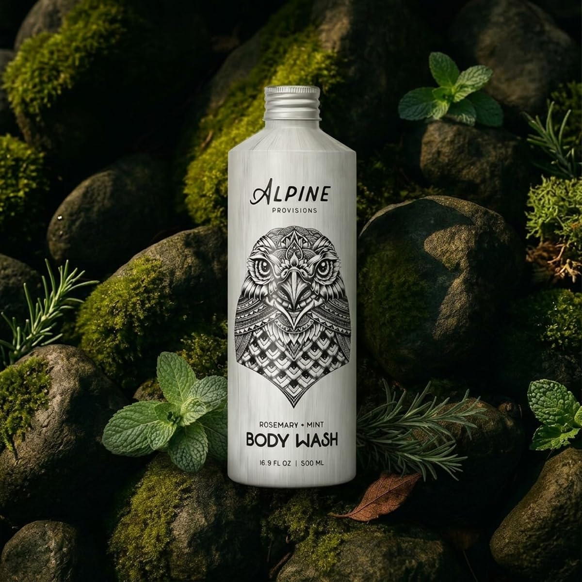 Alpine Provisions bottle next to towel showing scale and bathroom-ready convenience