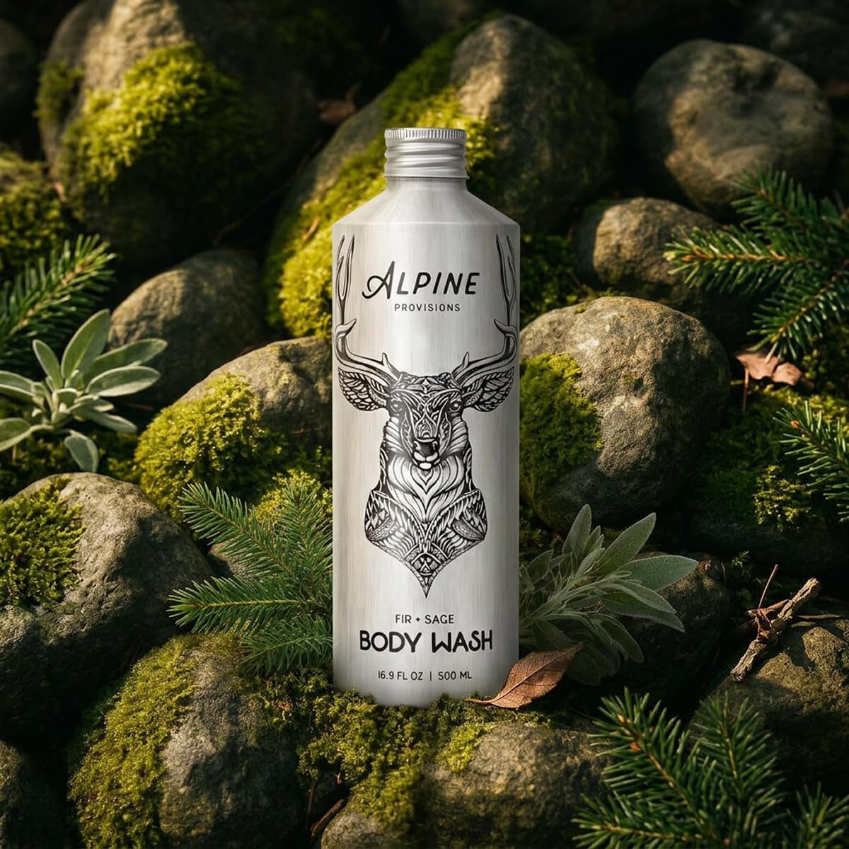 Alpine Provisions label close-up listing fir, sage, aloe vera, and coconut oil benefits