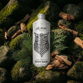 Alpine Provisions in shower lifestyle setting conveying calming woodsy scent experience