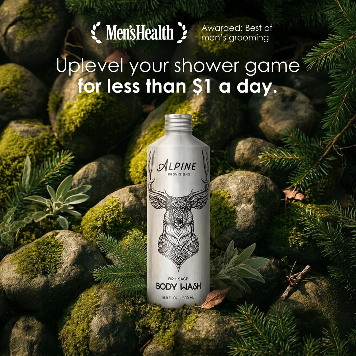 Alpine Provisions bottle held in hand to demonstrate 16.9 fl oz size and portability