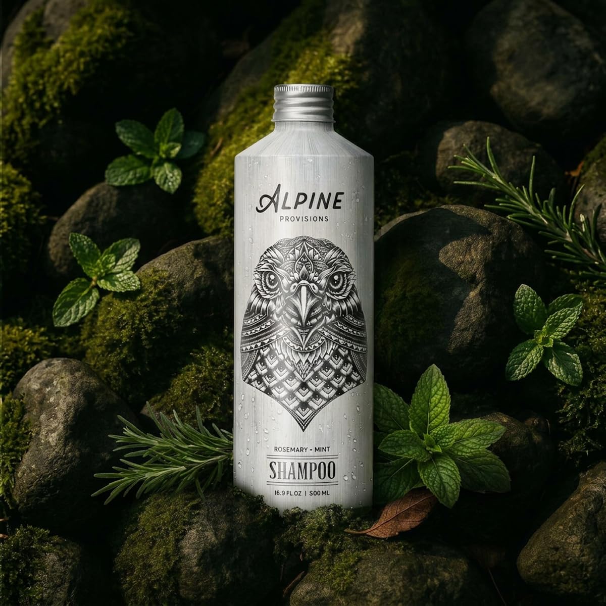Alpine Provisions bottle beside hand to show 16.9 fl oz scale benefit