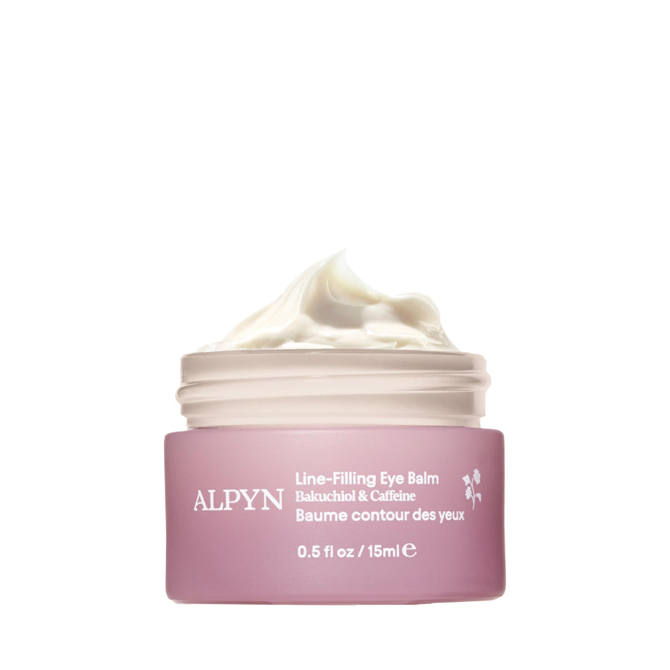 Alpyn front packaging showing compact 0.5 oz eye balm and label benefits