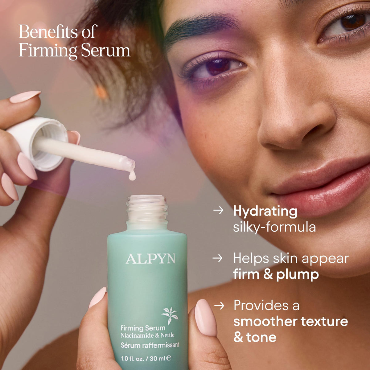 Alpyn serum drop texture close-up demonstrating silky absorption