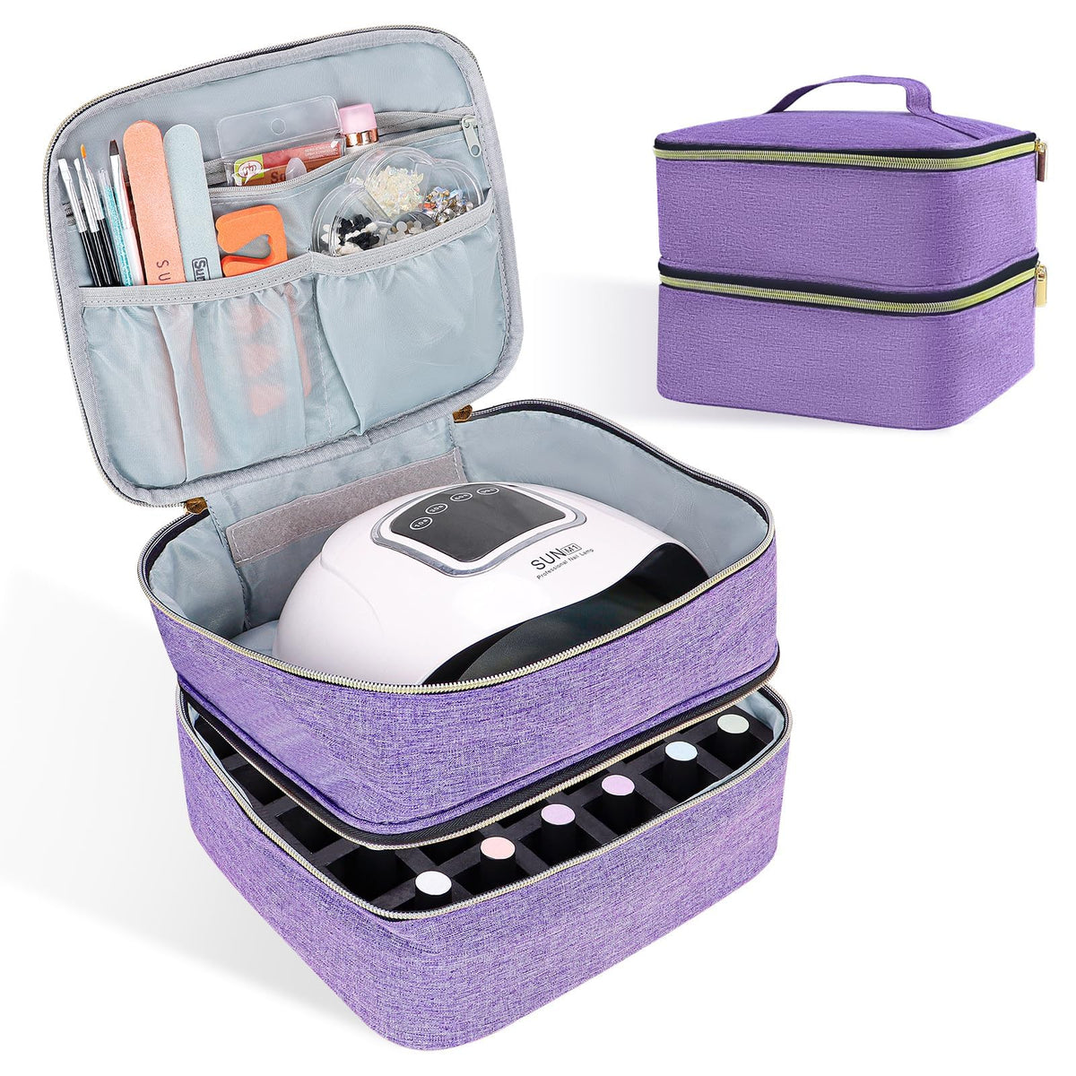 ALSLEA front view of purple organizer showing handle and closed case for easy transport