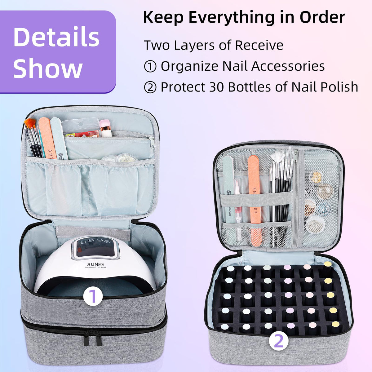 ALSLEA top compartment with tools and elastic straps organizing brushes and files neatly