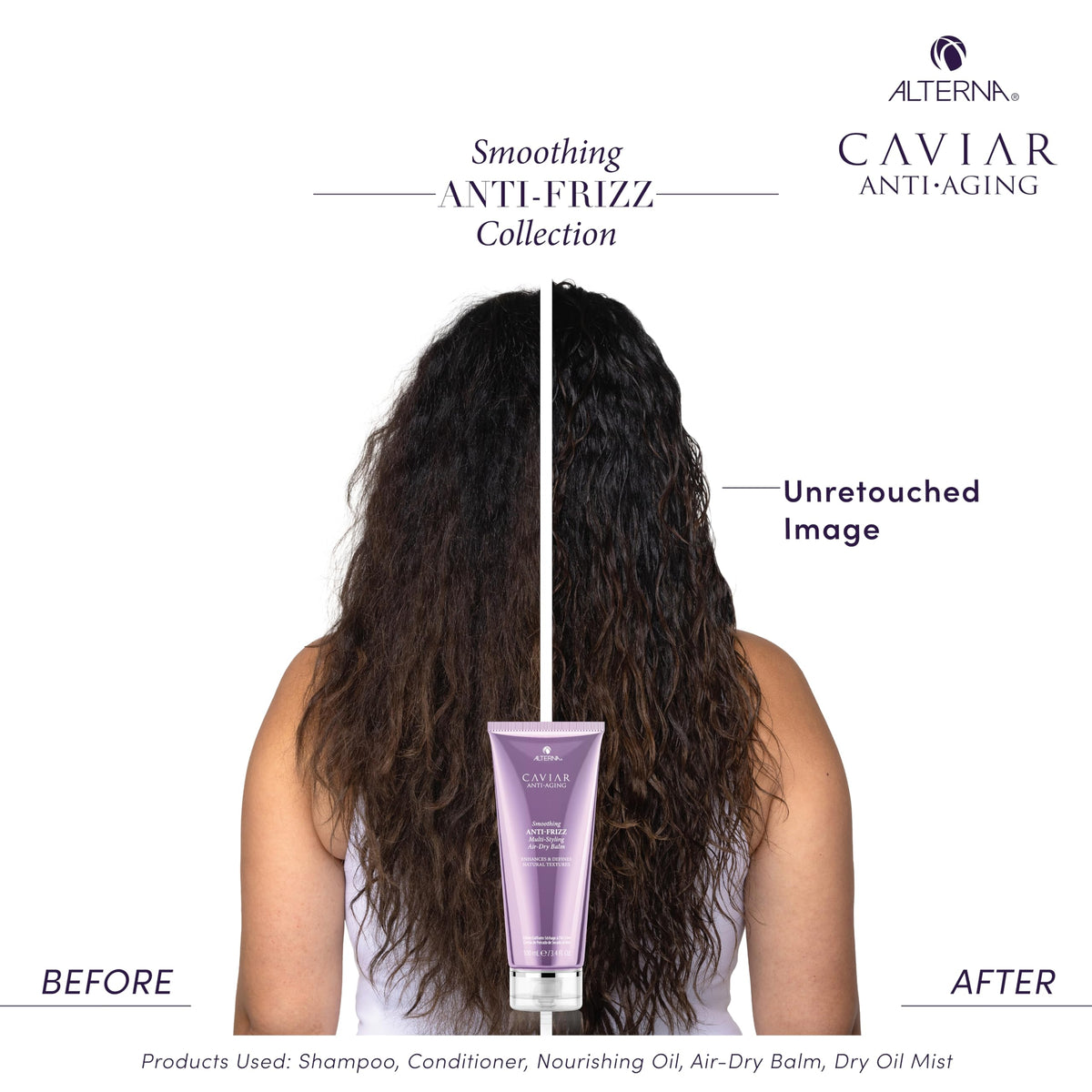 Alterna before and after comparison highlighting reduced frizz and improved definition