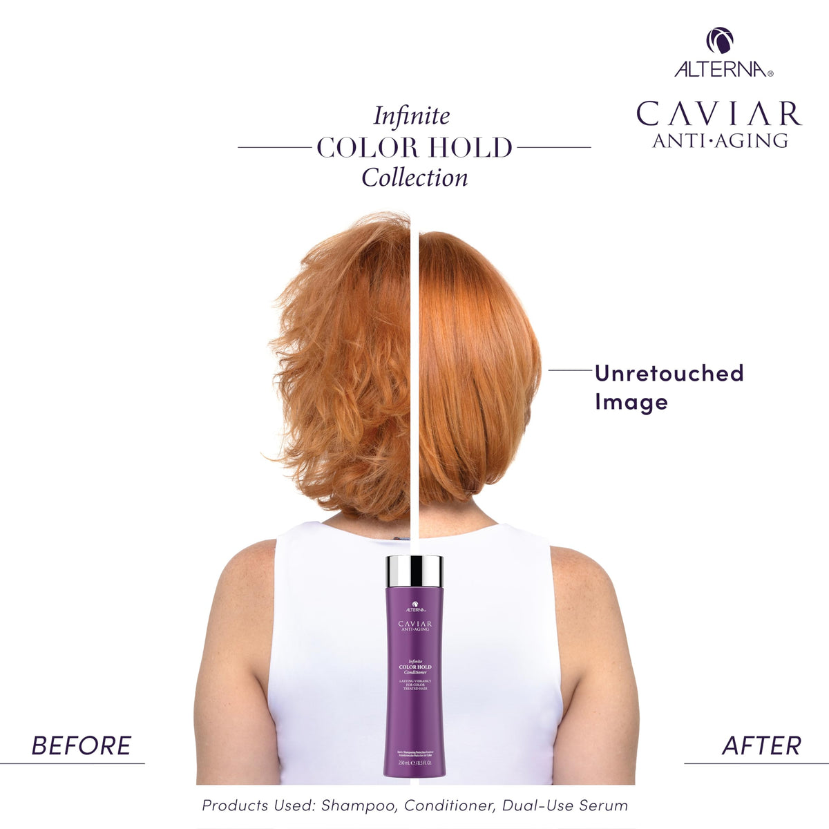 Alterna before and after hair comparison demonstrating longer-lasting color benefit