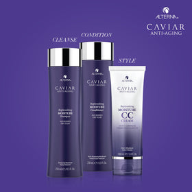 Alterna CAVIAR set styled on bathroom shelf showing daily routine convenience