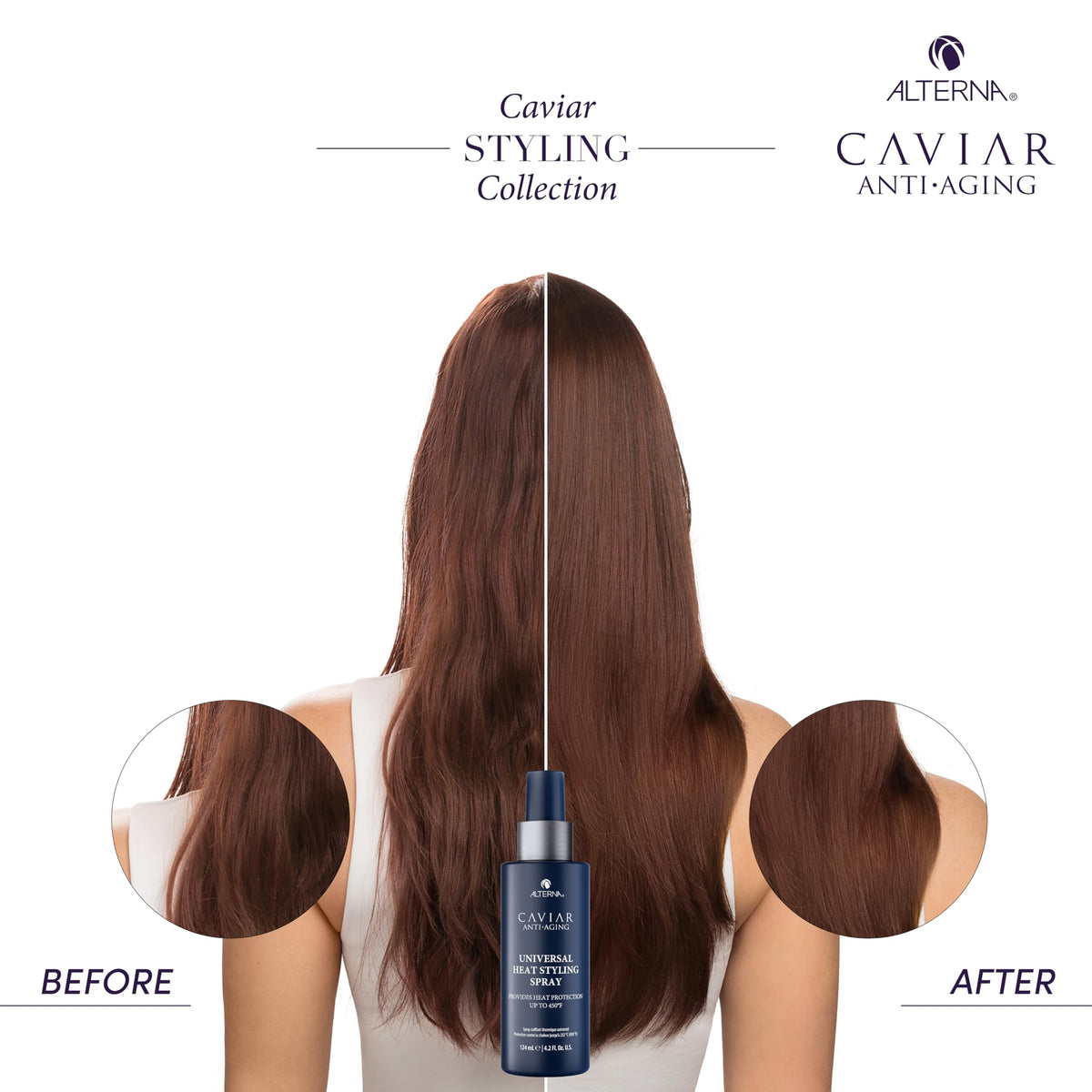 Alterna CAVIAR applied to dry hair before flat iron, protects from heat up to 450°F benefit