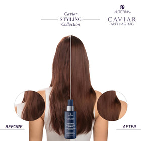Alterna CAVIAR applied to dry hair before flat iron, protects from heat up to 450°F benefit
