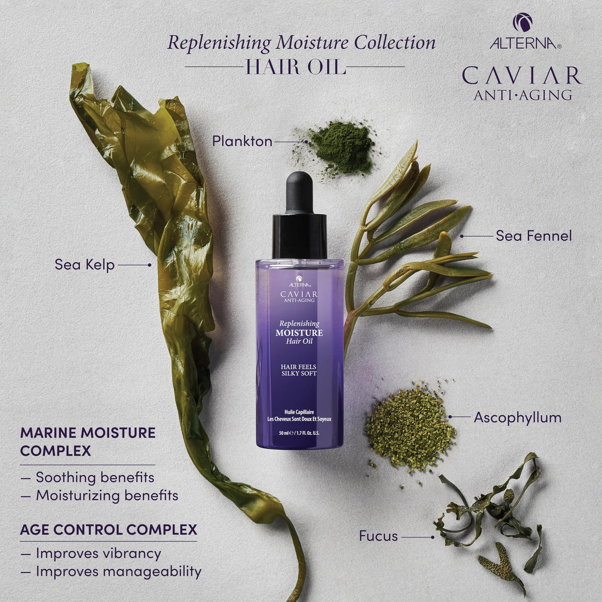 Alterna CAVIAR bottle in hand for scale, shows compact 1.7 oz travel-friendly size