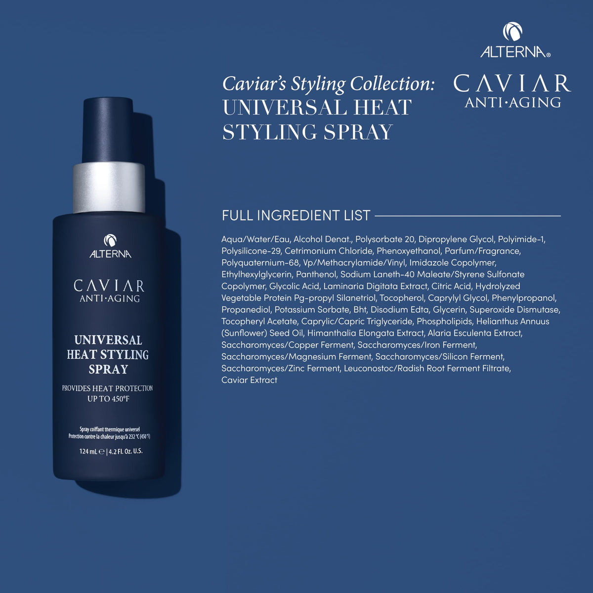 Alterna CAVIAR being sprayed on damp hair, detangles and preps for blow-drying benefit
