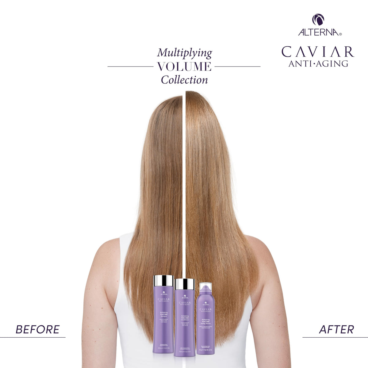 Alterna before and after hair finish showcasing increased fullness and sheen