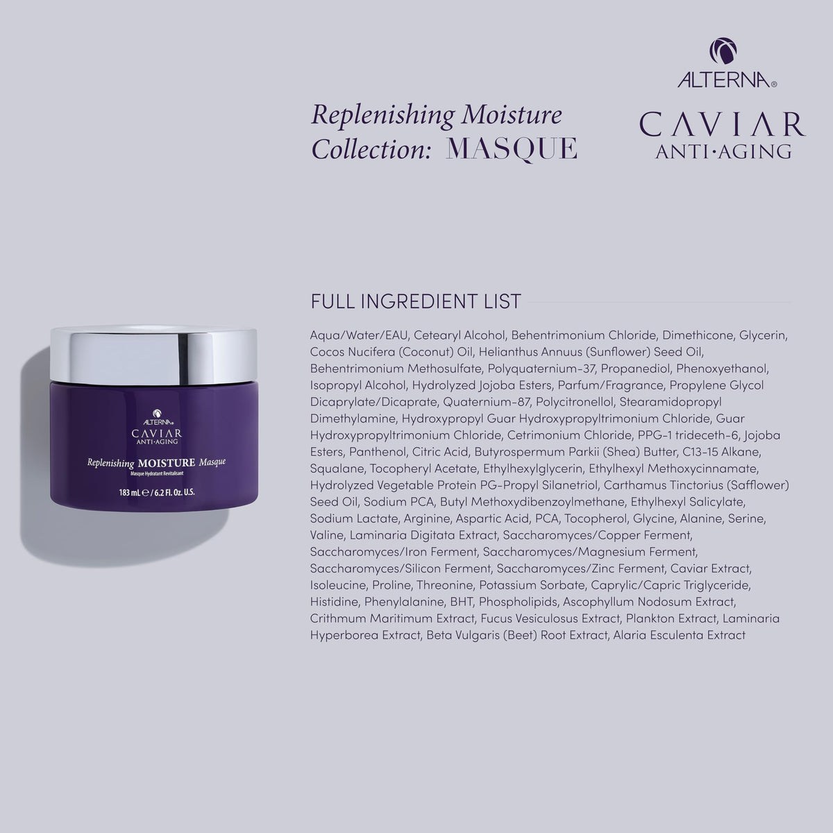 Alterna Caviar label close-up showing Marine Moisture Complex ingredients