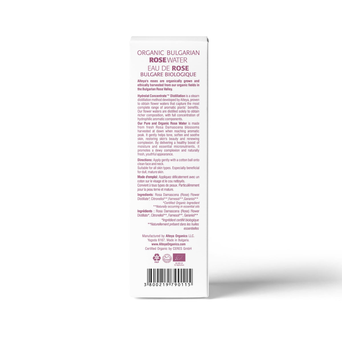 Alteya Organics bottle label closeup highlighting certification and purity