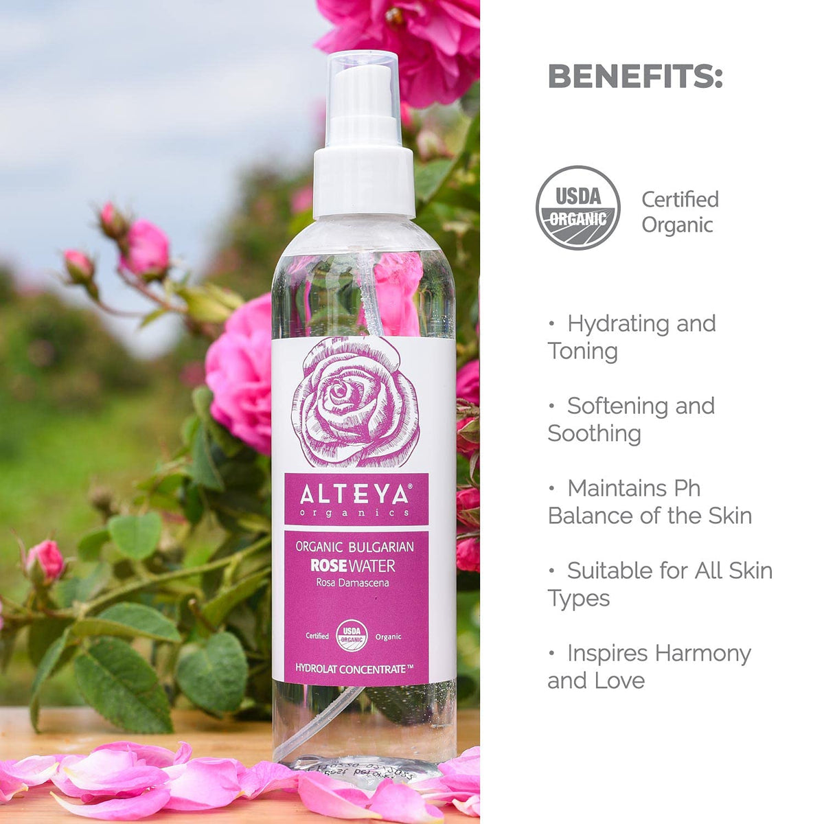 Alteya Organics bottle held by hand showing 8.5 oz scale