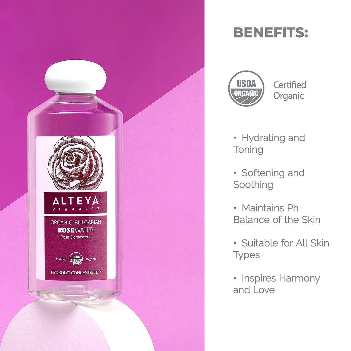 Alteya Organics bottle beside hand for scale showing generous 500 mL size benefit