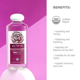 Alteya Organics bottle beside hand for scale showing generous 500 mL size benefit