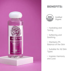 Alteya Organics bottle beside spring water source indicating natural origin