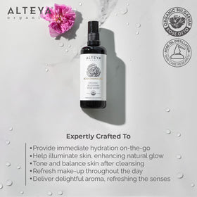 Alteya Organics close-up droplet of rose hydrosol highlighting purity and hydration benefit