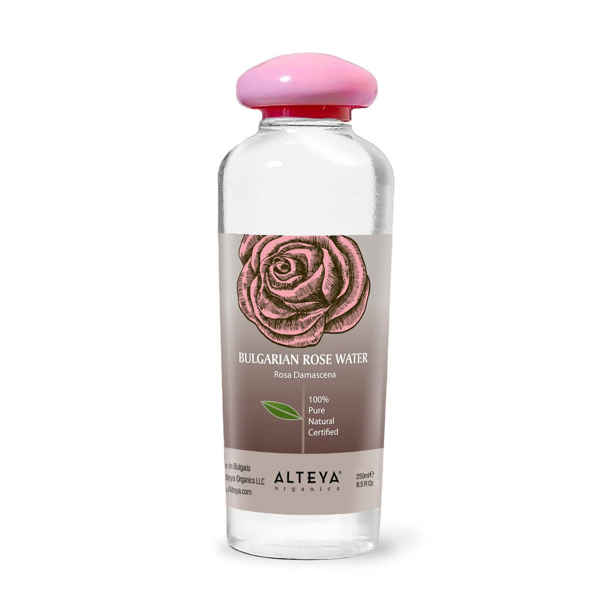 Alteya Organics front bottle showing clear rose water and label benefits