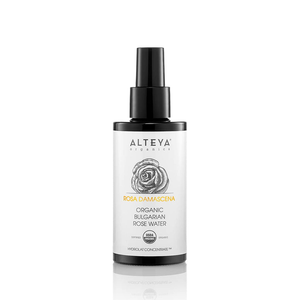Alteya Organics front bottle view showing organic rose water and Miron glass benefit preservation
