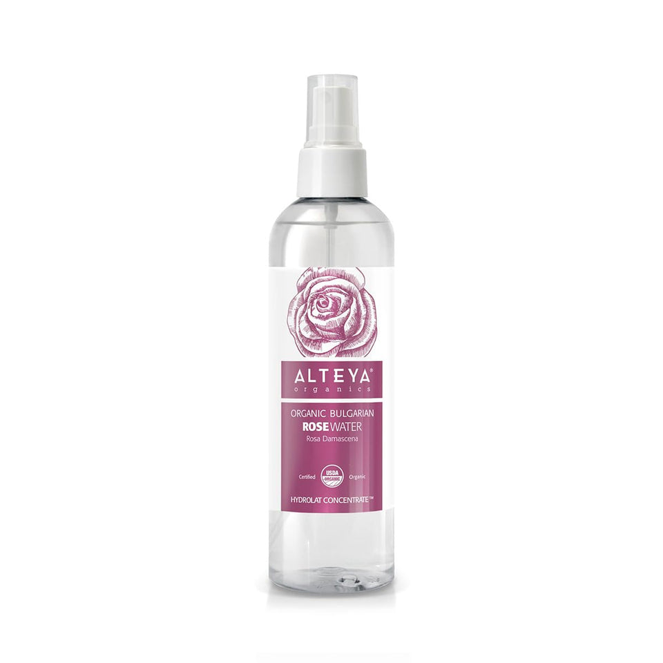 Alteya Organics front packaging showing bottle and spray benefit