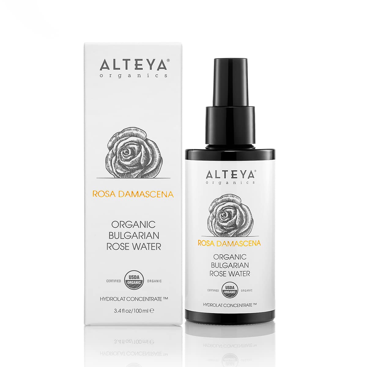 Alteya Organics label on violet Miron glass emphasizing organic certification and quality