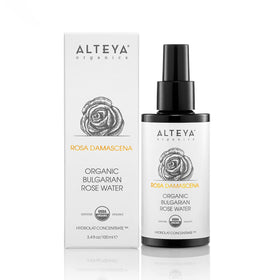 Alteya Organics label on violet Miron glass emphasizing organic certification and quality