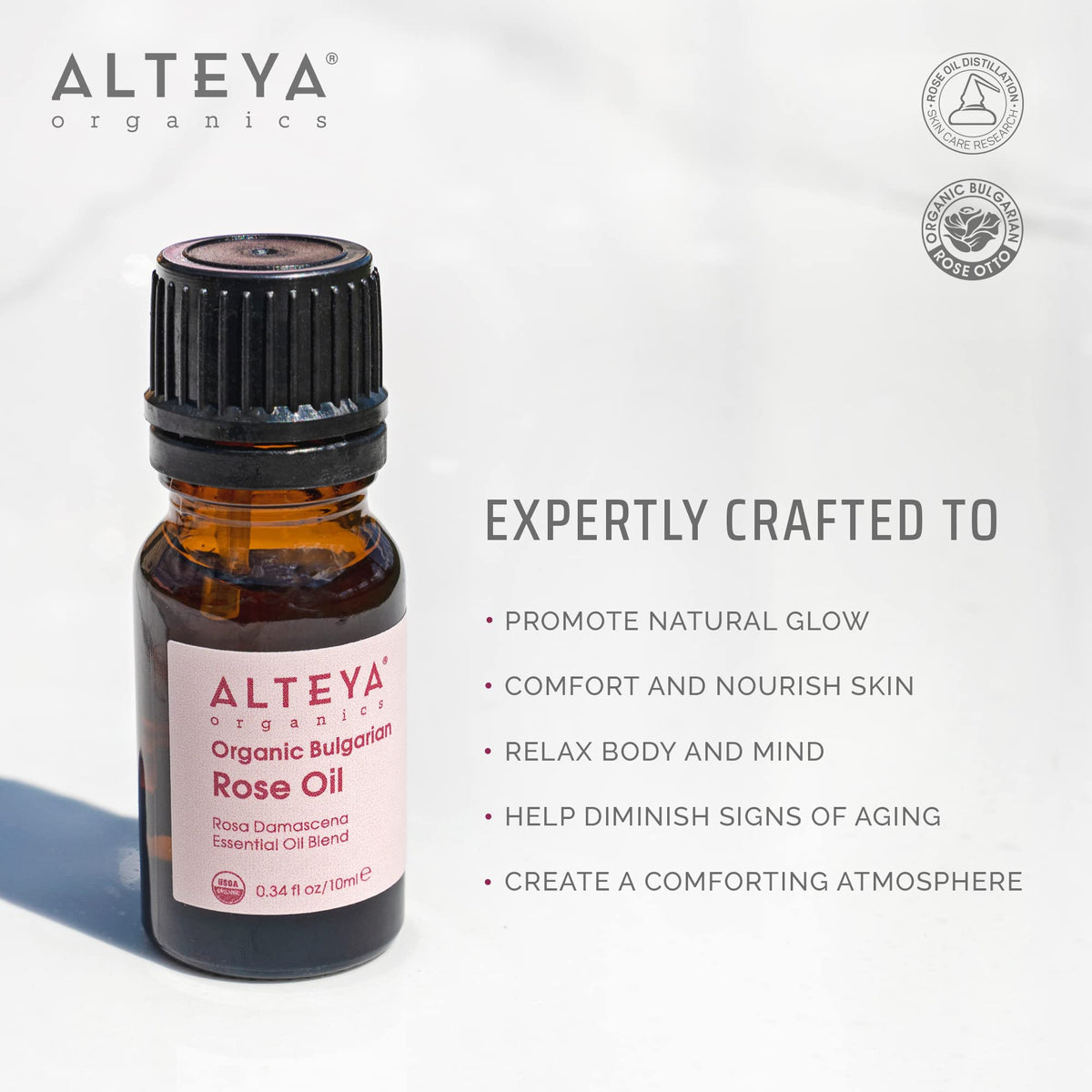 Alteya Organics bottle next to a coin for size comparison and travel convenience