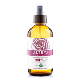 Alteya Organics amber bottle front showing label and organic certification benefits