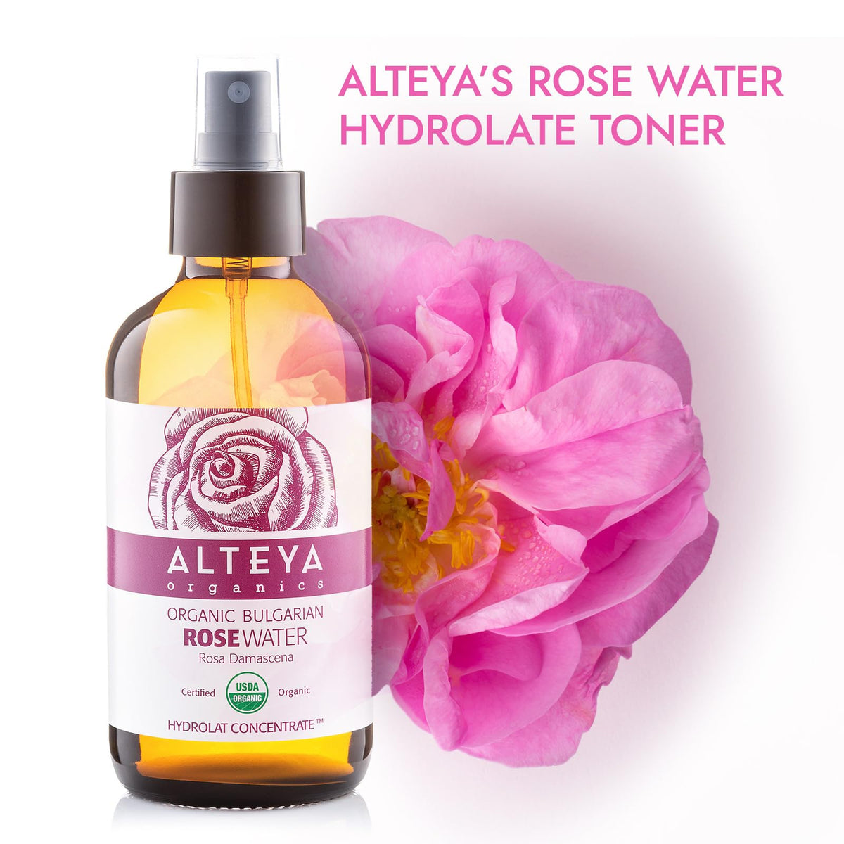 Alteya Organics close-up of rose petals and distillate texture highlighting purity