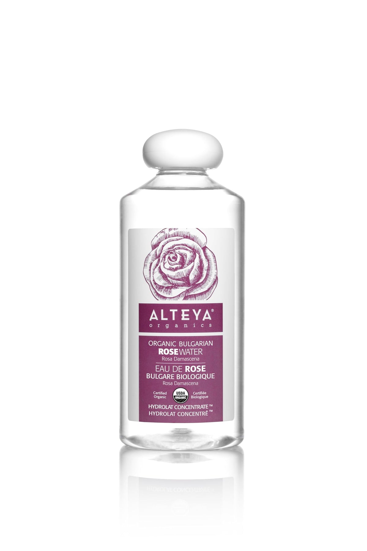 Alteya Organics front bottle view showing clean organic rose water packaging and storage benefit