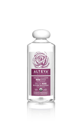 Alteya Organics front bottle view showing clean organic rose water packaging and storage benefit