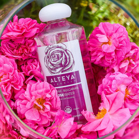 Alteya Organics mist applied to hair demonstrating frizz control and scalp refresh benefit