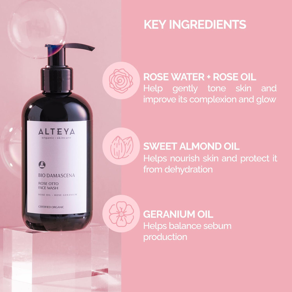 Alteya Organics creamy foam texture demonstrating gentle cleansing
