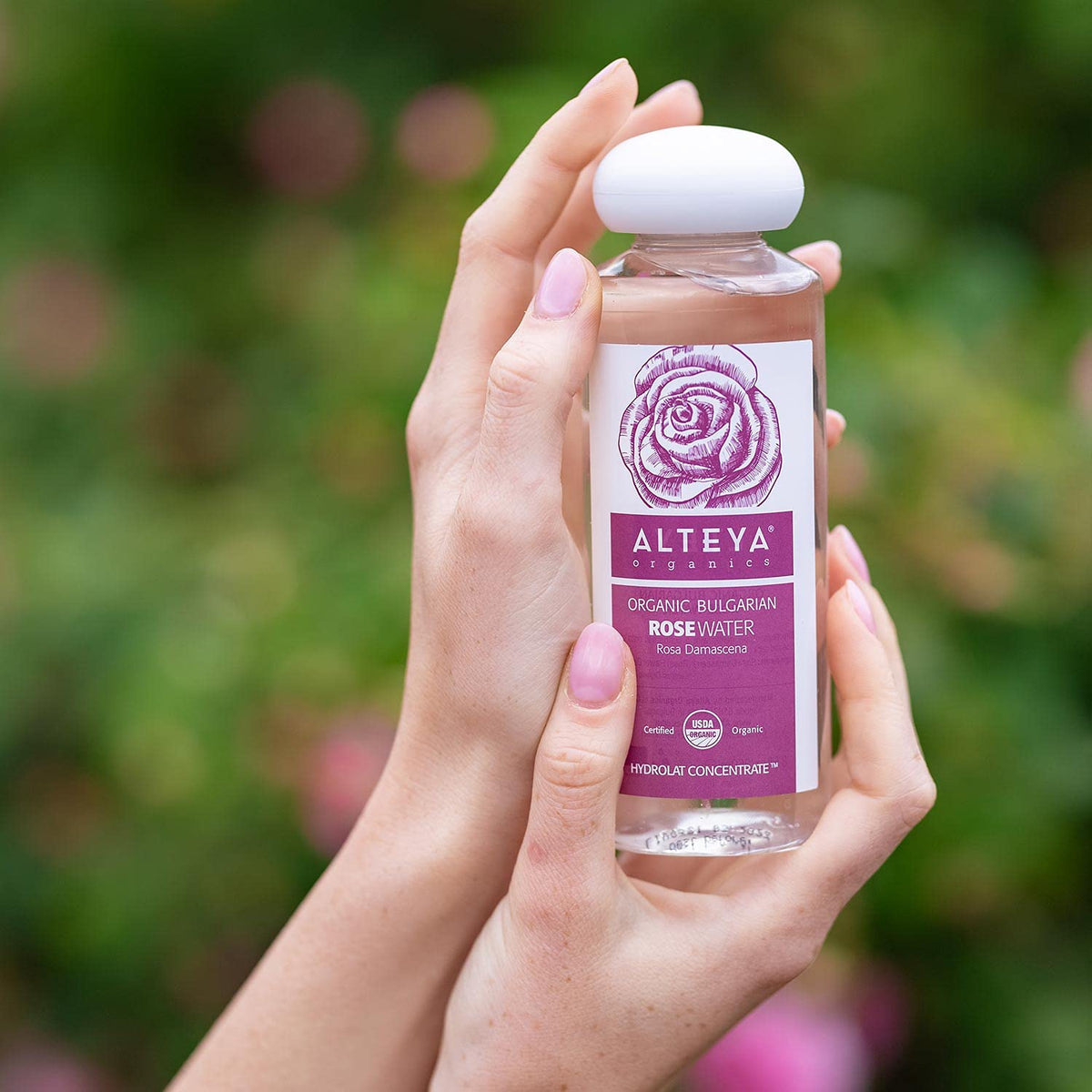 Alteya Organics spray mist on skin demonstrating lightweight hydration