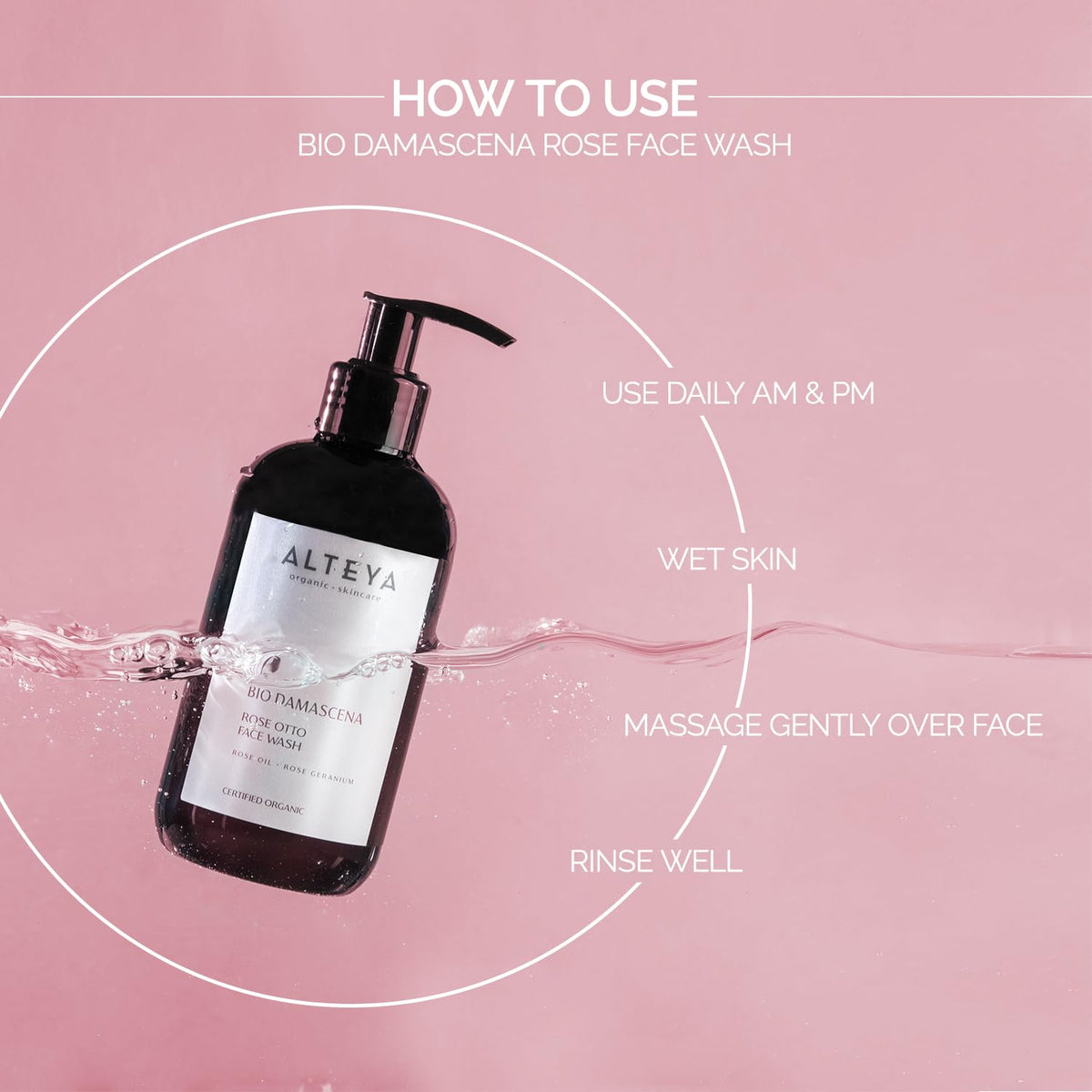 Alteya Organics bottle styled with fresh roses to showcase botanicals