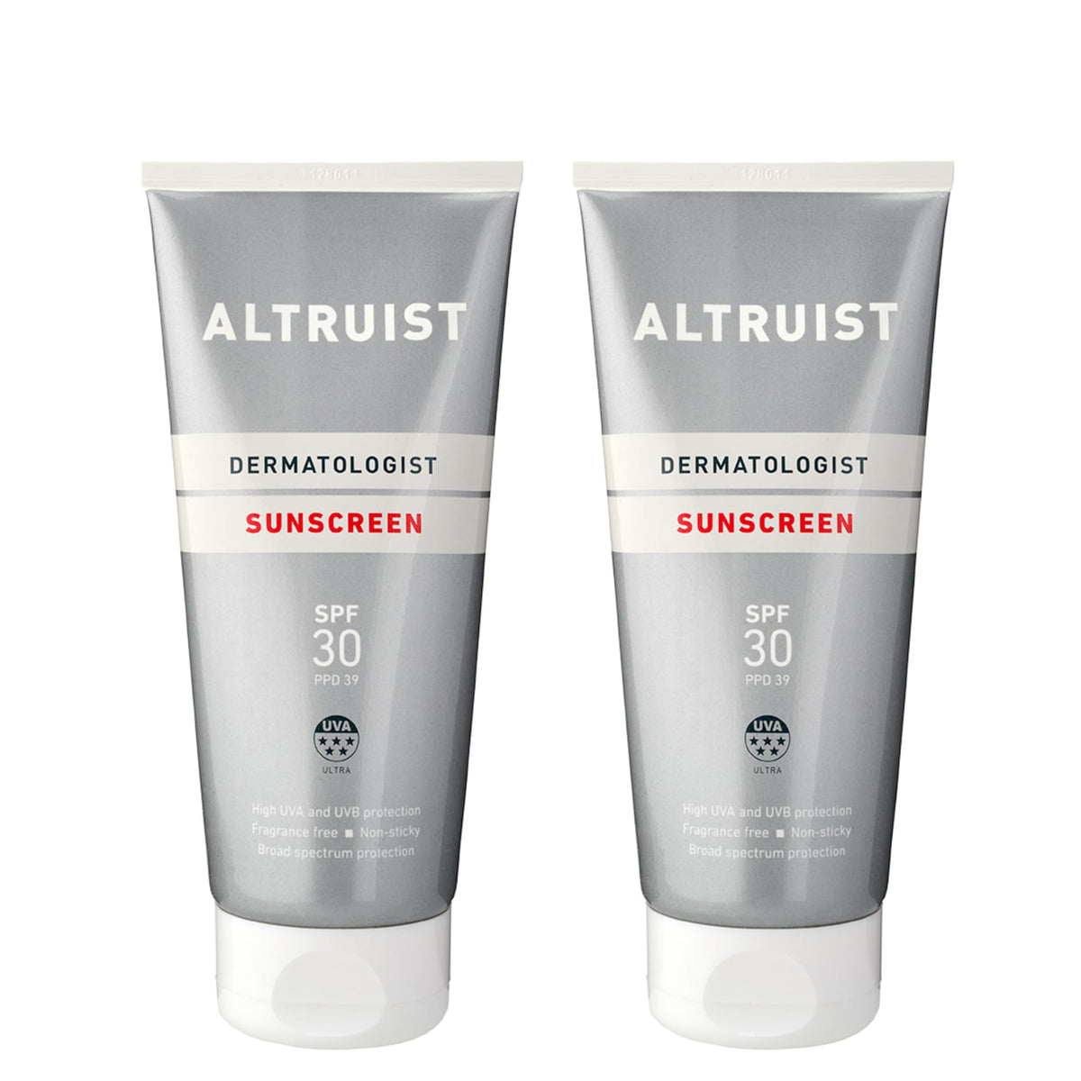 Altruist sunscreen front packaging showing SPF 30 and dermatologist branding for reliable protection