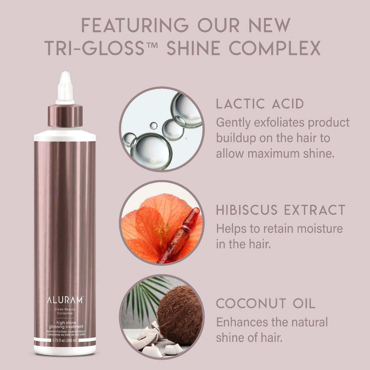 ALURAM bottle with coconut and hibiscus showing nourishing ingredients