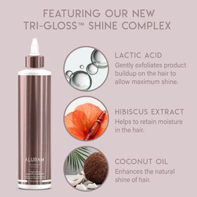 ALURAM bottle with coconut and hibiscus showing nourishing ingredients