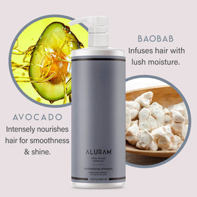 ALURAM bottle beside coconut and avocado illustrating natural ingredients