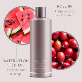 ALURAM conditioner in shower use demonstrating lightweight hydration and rinse-off