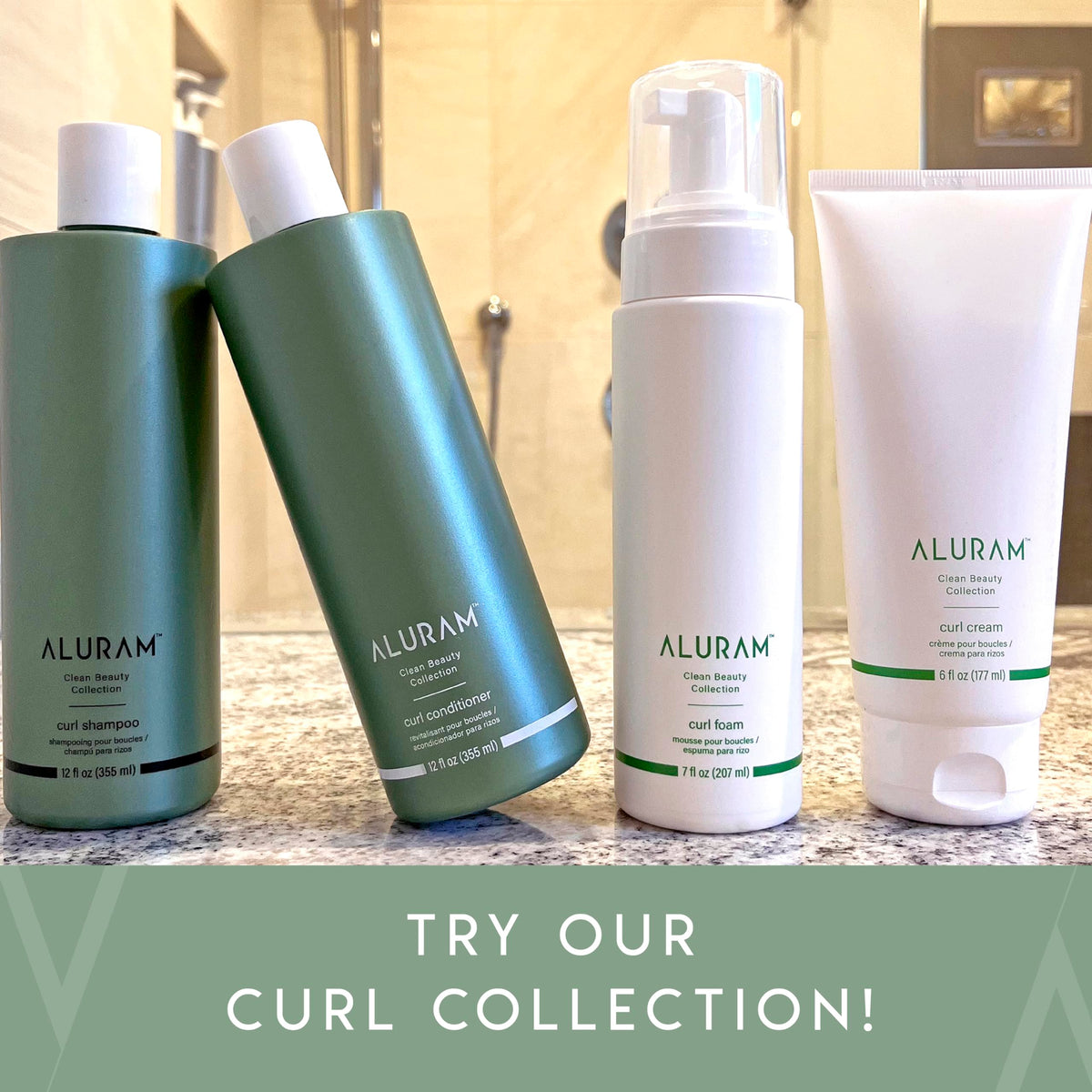 ALURAM curl cream on bathroom shelf indicating daily routine convenience