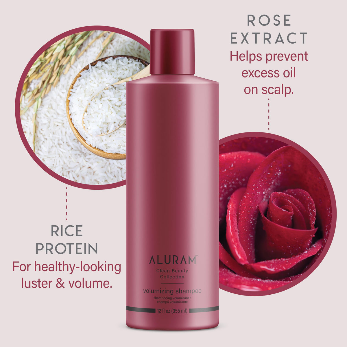 ALURAM bottle in shower scene illustrating real-use volume and rinseability