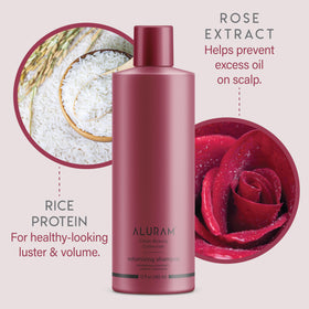 ALURAM bottle in shower scene illustrating real-use volume and rinseability